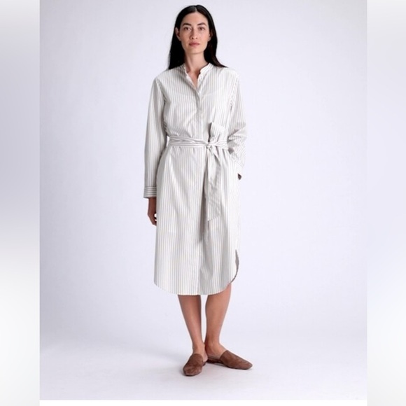 Banana Republic Organic Cotton Poplin Stripe Tie-Waist Midi Shirtdress White Tan - Picture 3 of 11